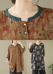 Print1 Linen Shirt Dresses O-Neck Oversized Lantern Sleeve