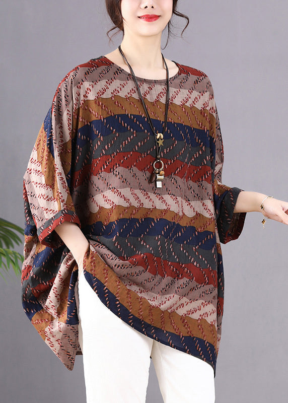 Khaki Print Linen Shirt O-Neck Oversized Batwing Sleeve