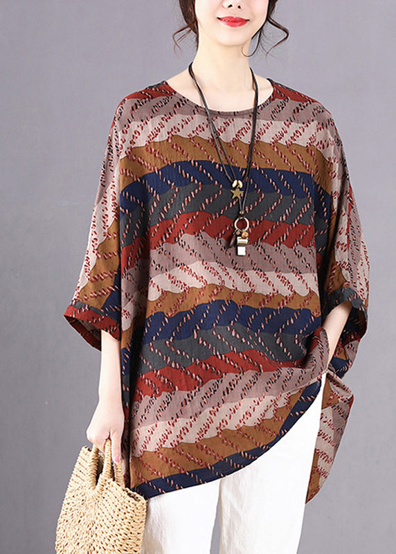 Khaki Print Linen Shirt O-Neck Oversized Batwing Sleeve