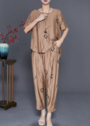 Khaki Print Linen Two Pieces Set Low High Design Summer