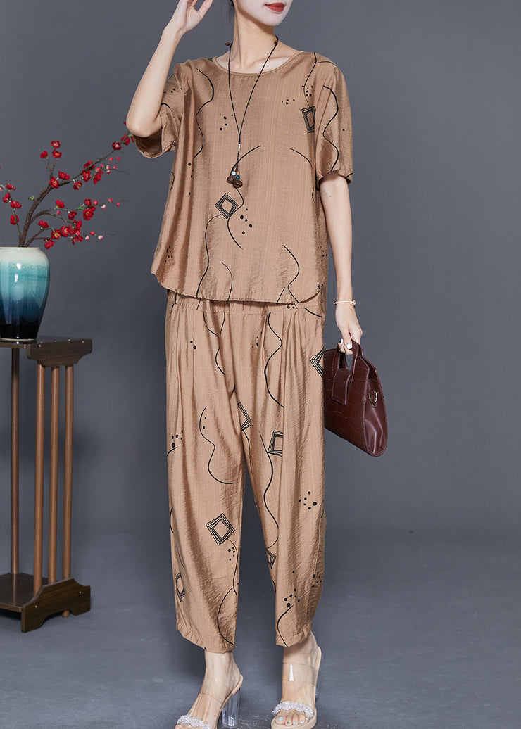 Khaki Print Linen Two Pieces Set Low High Design Summer