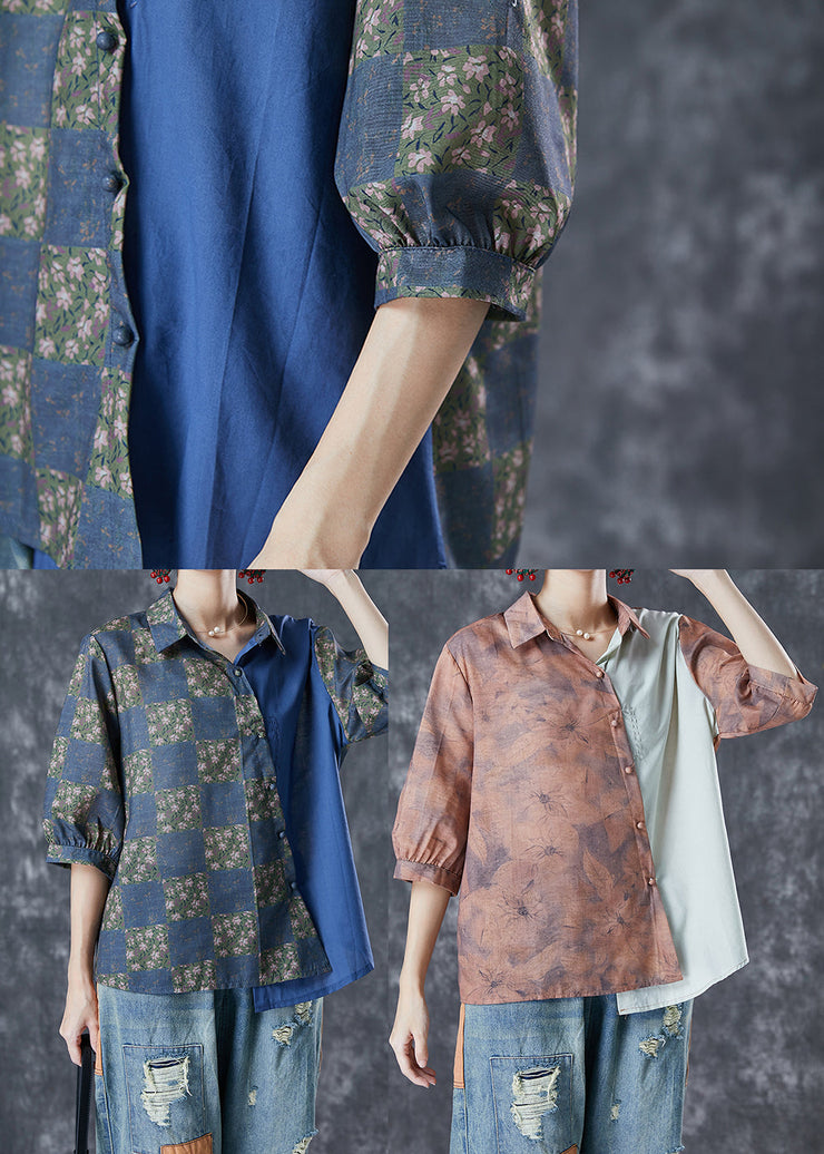 Khaki Print Patchwork Linen Shirt Top Asymmetrical Half Sleeve