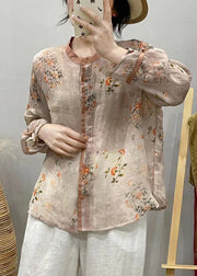 Khaki Print Patchwork Linen Shirts Top Button Long Sleeve