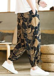 Khaki Print Pockets Cotton Mens Beam Pants Elastic Waist