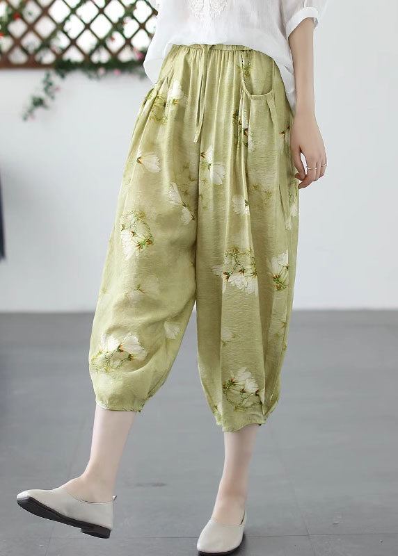 Khaki Print Pockets Patchwork Linen Crop Pants Cinched Summer