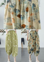 Khaki Print Pockets Patchwork Linen Crop Pants Cinched Summer