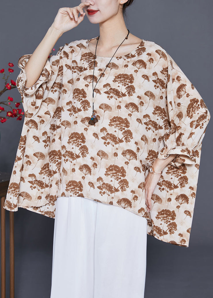 Khaki Print Silk Shirt Oversized Low High Design Batwing Sleeve