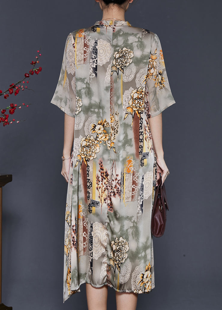 Khaki Print Silk Two Piece Dresses Dresses Stand Collar Half Sleeve