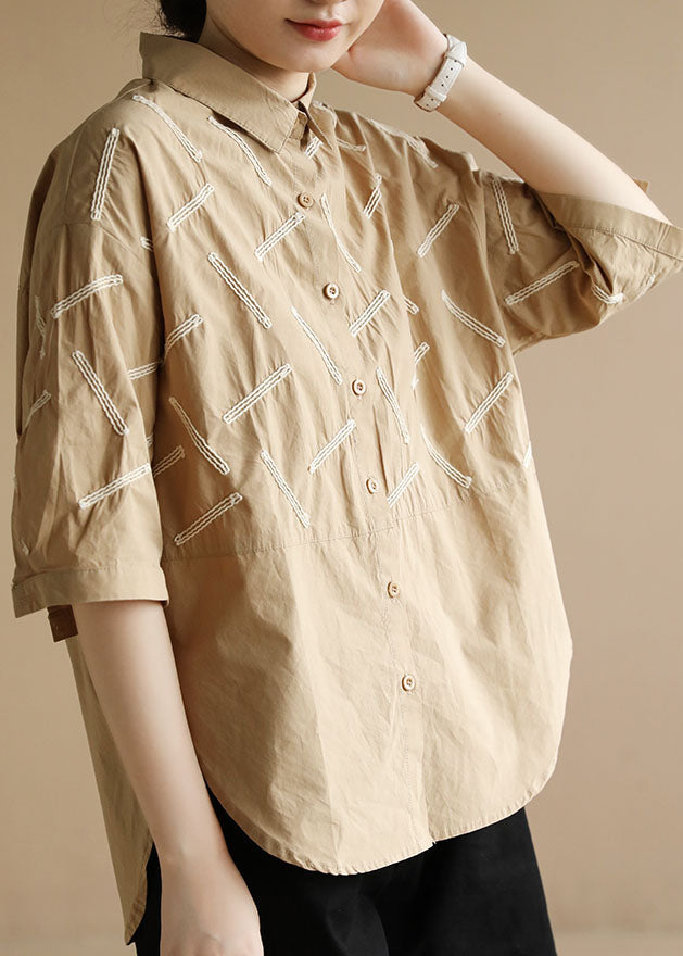 Khaki Side Open Cotton Shirt Tops Low High Design Half Sleeve