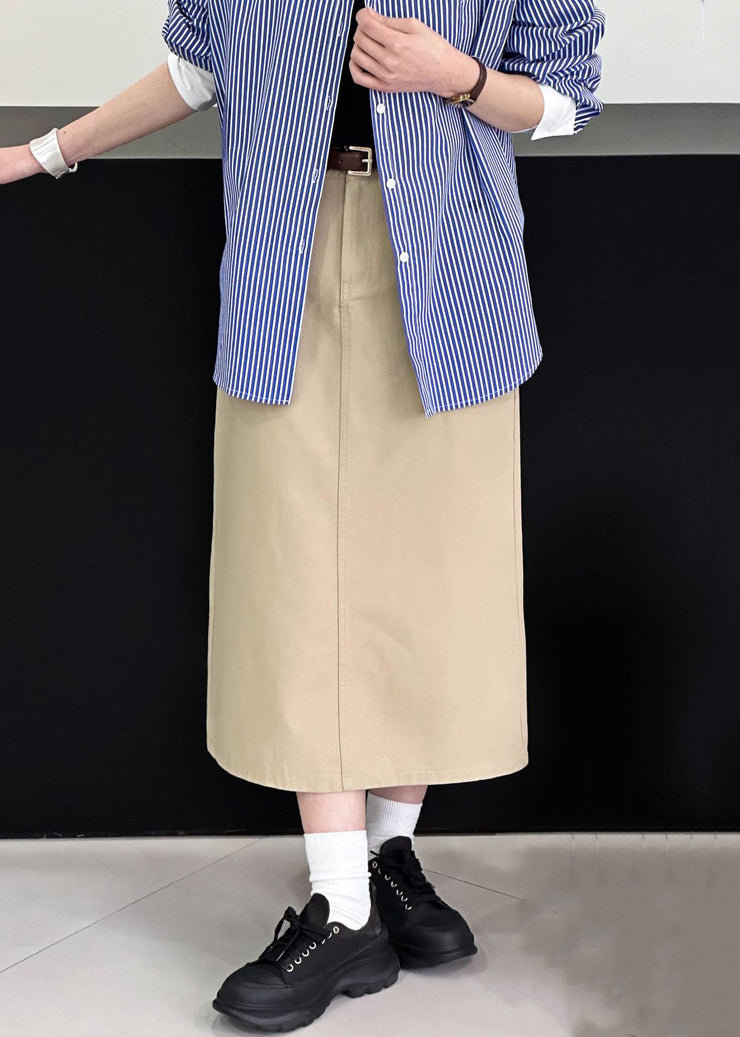 Khaki Side Open Solid Cotton Skirt High Waist