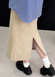 Khaki Side Open Solid Cotton Skirt High Waist