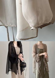 Khaki Solid Chiffon Cardigan Lace Up Long Sleeve