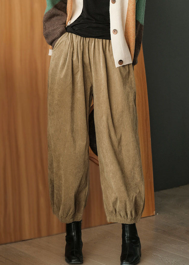 Khaki Solid Corduroy Beam Pants High Waist Oversized Fall