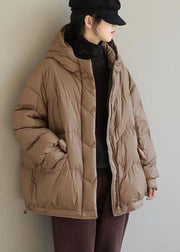 Khaki Solid Duck Down Puffer Jacket Hooded Pockets Winter