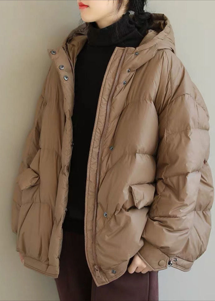 Khaki Solid Duck Down Puffer Jacket Hooded Pockets Winter