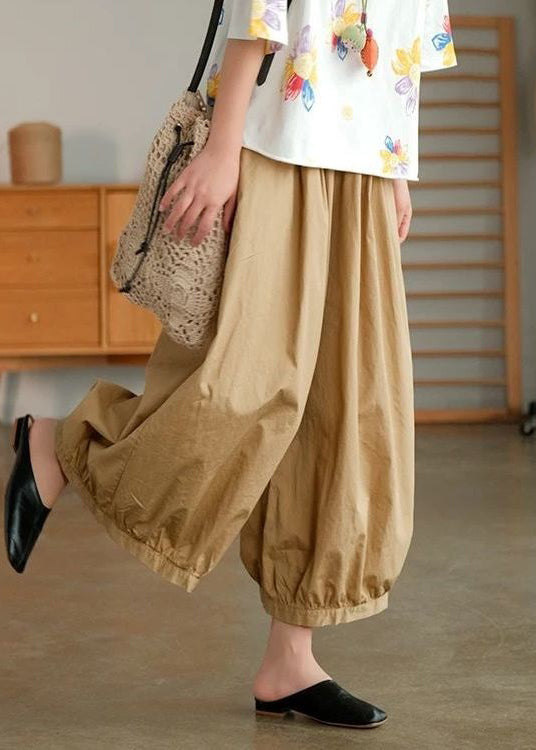 Khaki Solid Pockets Cotton Wide Leg Pants High Waist Summer