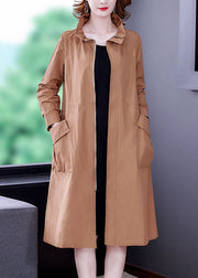 Khaki Solid Silk Trench Drawstring Zippered Long Sleeve