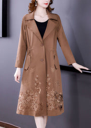 Khaki Solid Spandex Cinch Trench Coat Notched Collar Fall