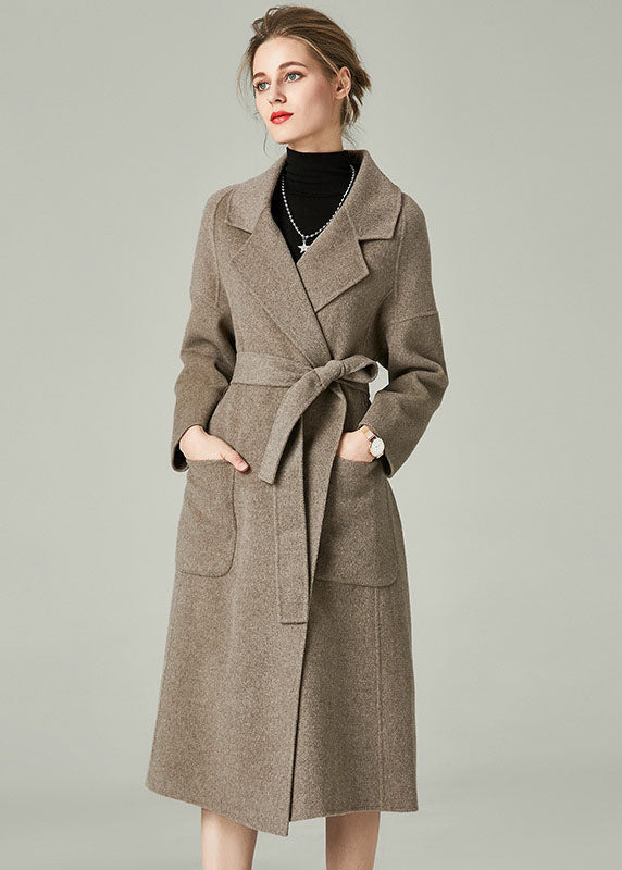 Khaki Solid Woolen Warp Coats Peter Pan Collar Sashes Winter