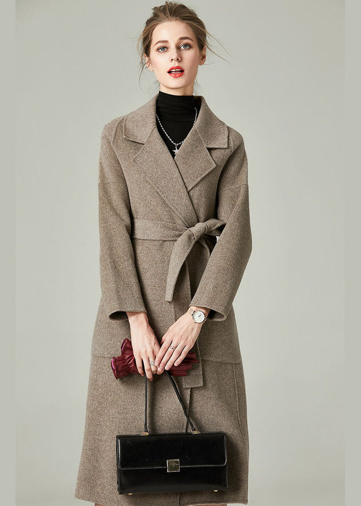 Khaki Solid Woolen Warp Coats Peter Pan Collar Sashes Winter