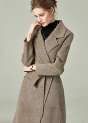 Khaki Solid Woolen Warp Coats Peter Pan Collar Sashes Winter