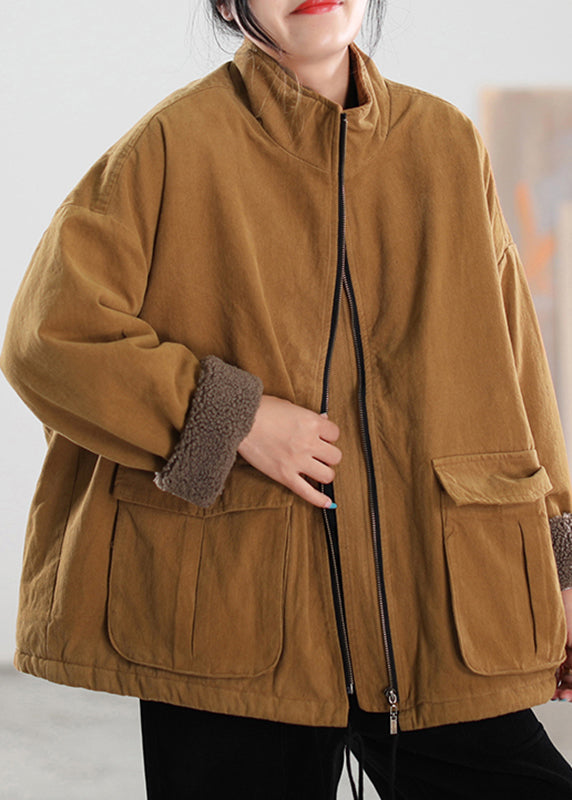 Khaki Stand Collar Zippered Pockets Coats Winter