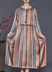 Khaki Striped Cotton Dresses Ruffled Spring