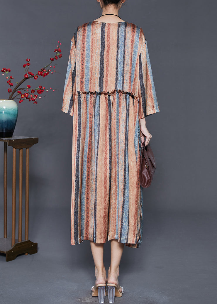 Khaki Striped Cotton Dresses Ruffled Spring