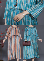 Khaki Striped Cotton Dresses Ruffled Spring