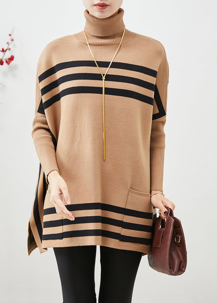 Khaki Striped Knit Top Oversized High Neck Batwing Sleeve