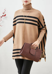 Khaki Striped Knit Top Oversized High Neck Batwing Sleeve