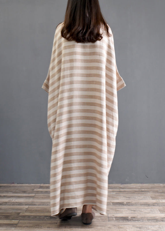 Khaki Striped Patchwork Oversized Cotton Long Dresses O-Neck Half Sleeve