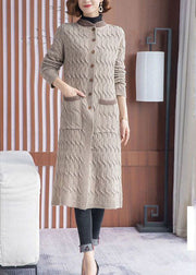 Khaki Thick Knit Long Cardigans Button Pockets Winter