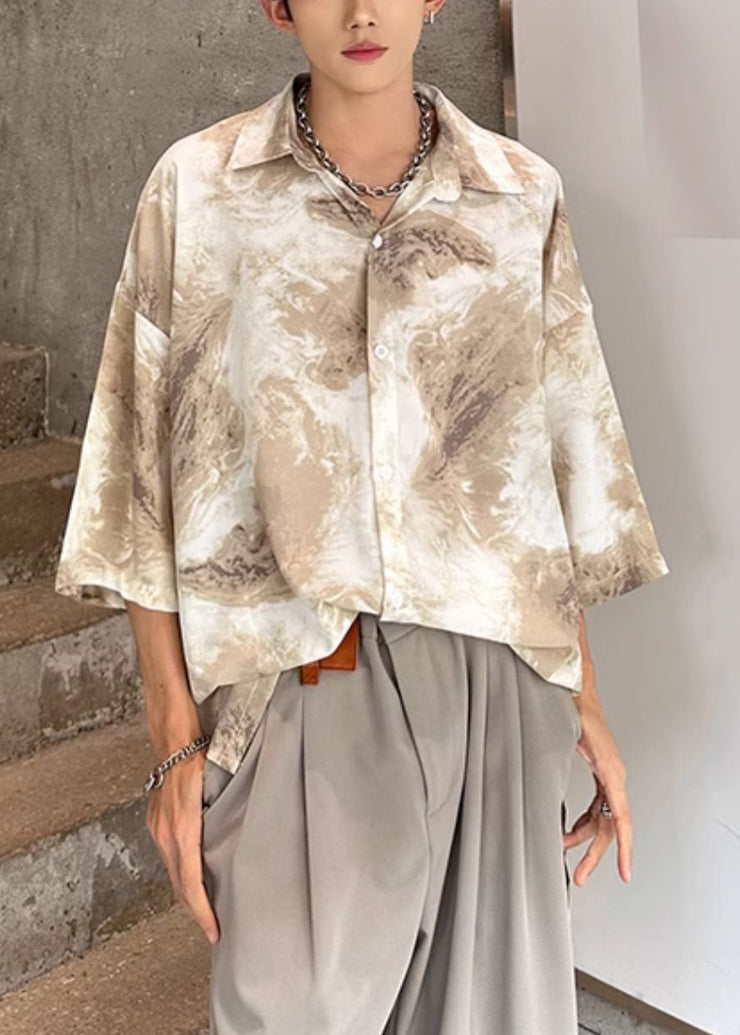 Khaki Tie Dye Ice Silk Men Shirts Peter Pan Collar Summer