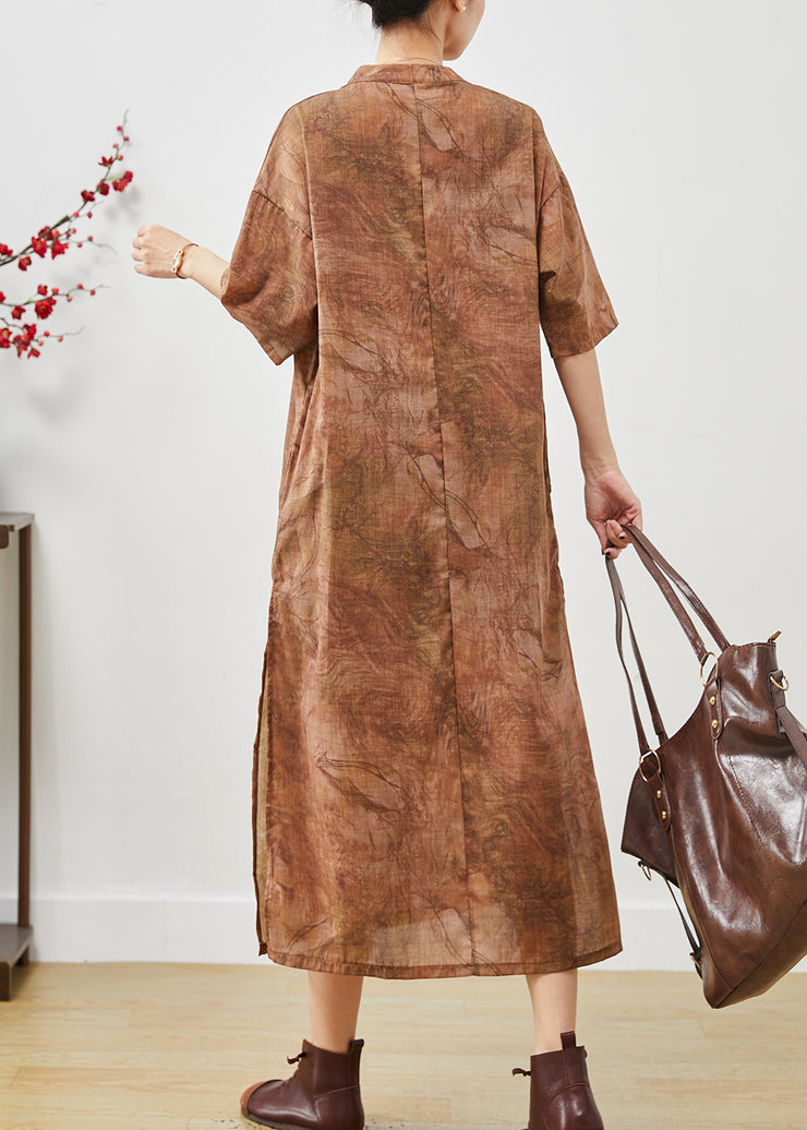 Khaki Tie Dye Linen Long Dresses Chinese Button Summer