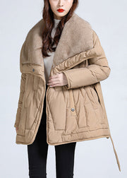 Khaki Tie Waist Duck Down Down Jacket Peter Pan Collar Winter