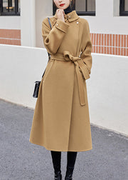 Khaki Tie Waist Patchwork Cashmere Coat Sailor Collar Long Sleeve