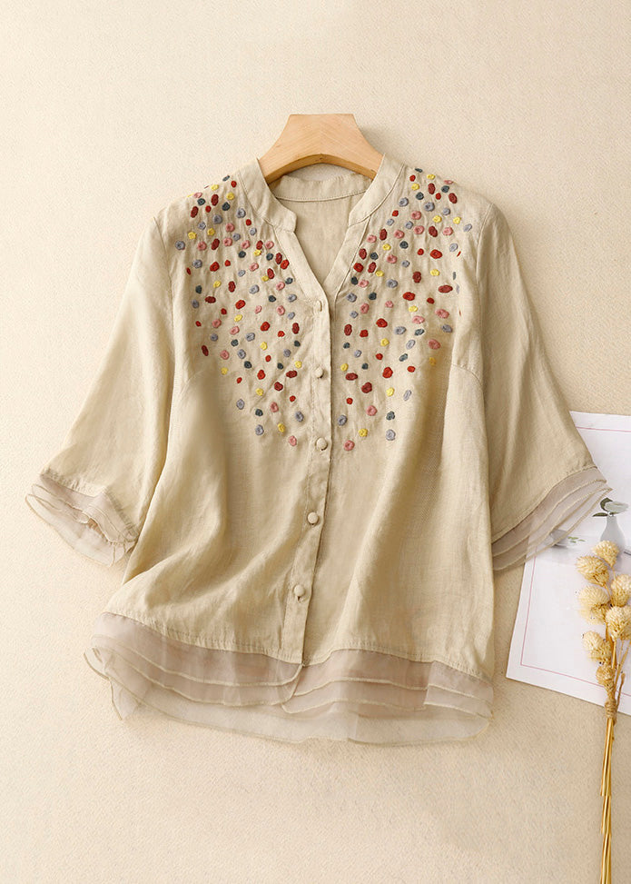 Khaki Tulle Patchwork Cotton Shirts V Neck Half Sleeve