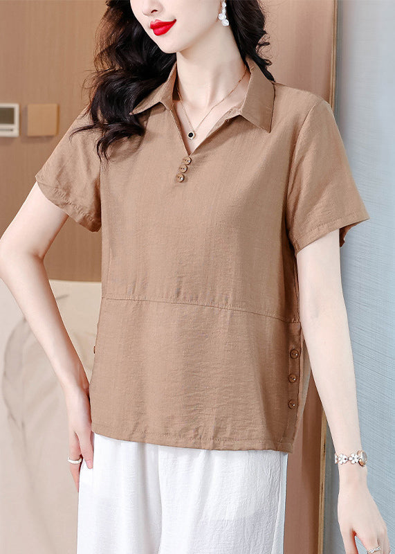 Khaki Versatile Cotton Shirt Top Peter Pan Collar Summer