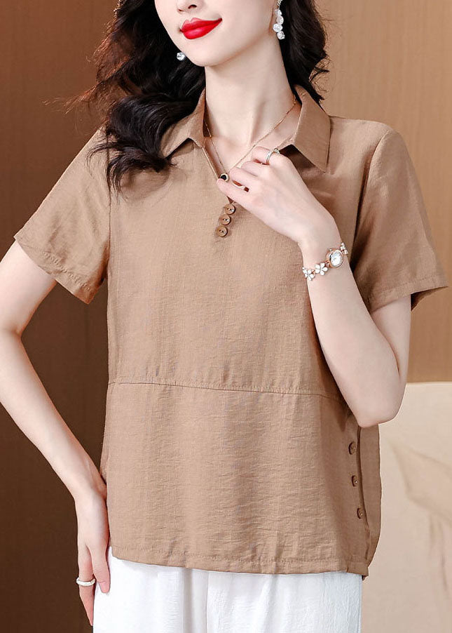 Khaki Versatile Cotton Shirt Top Peter Pan Collar Summer