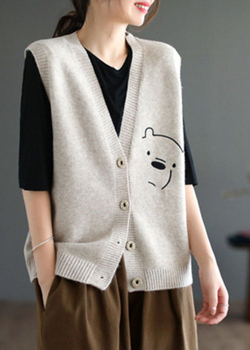 Khaki Warm Knit Beach Vest V Neck Bear Jacquard Winter