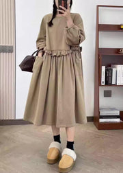 Khaki Wrinkled Cotton Long Dress O Neck Long Sleeve