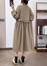 Khaki Wrinkled Cotton Long Dress O Neck Long Sleeve