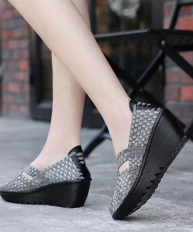 Knit Fabric Black Handmade Comfortable Splicing Wedge Heels