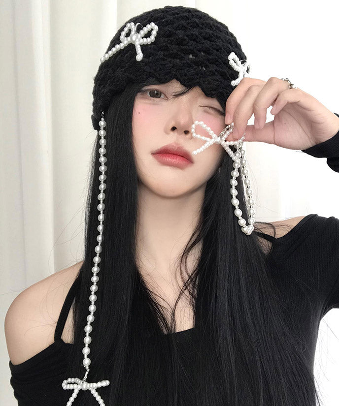 Korean Style Red Nail Bead Bow Hollow Out Boonie Hat