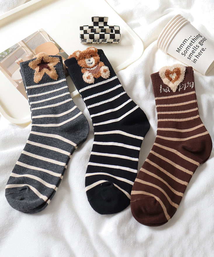 Korean Version Plush Teddy Bear Striped Pure Cotton Mid Calf Socks