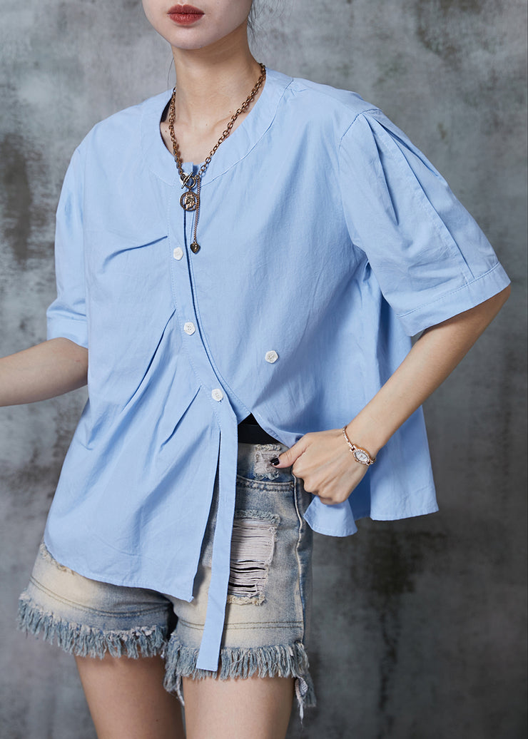 Lake Blue Cotton Blouses Asymmetrical Side Open Summer