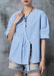 Lake Blue Cotton Blouses Asymmetrical Side Open Summer