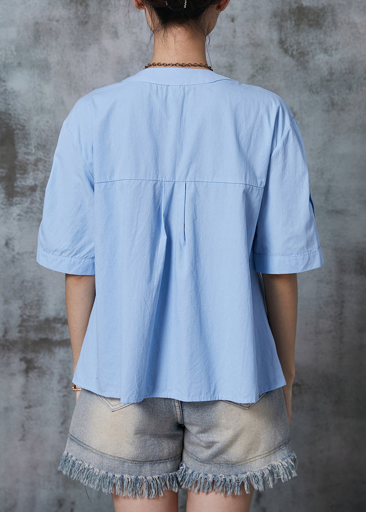 Lake Blue Cotton Blouses Asymmetrical Side Open Summer