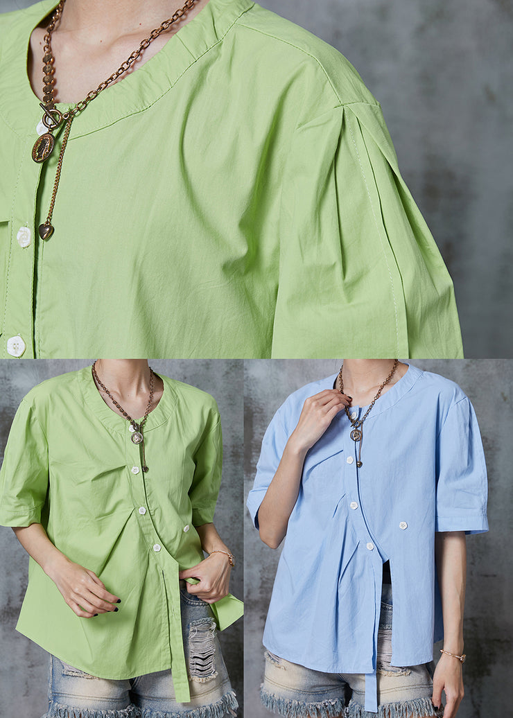 Lake Blue Cotton Blouses Asymmetrical Side Open Summer